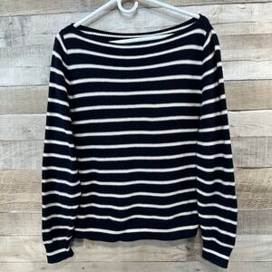 Vince Womens Striped Boat Neck Knit Sweater Navy White Cotton Size Small
